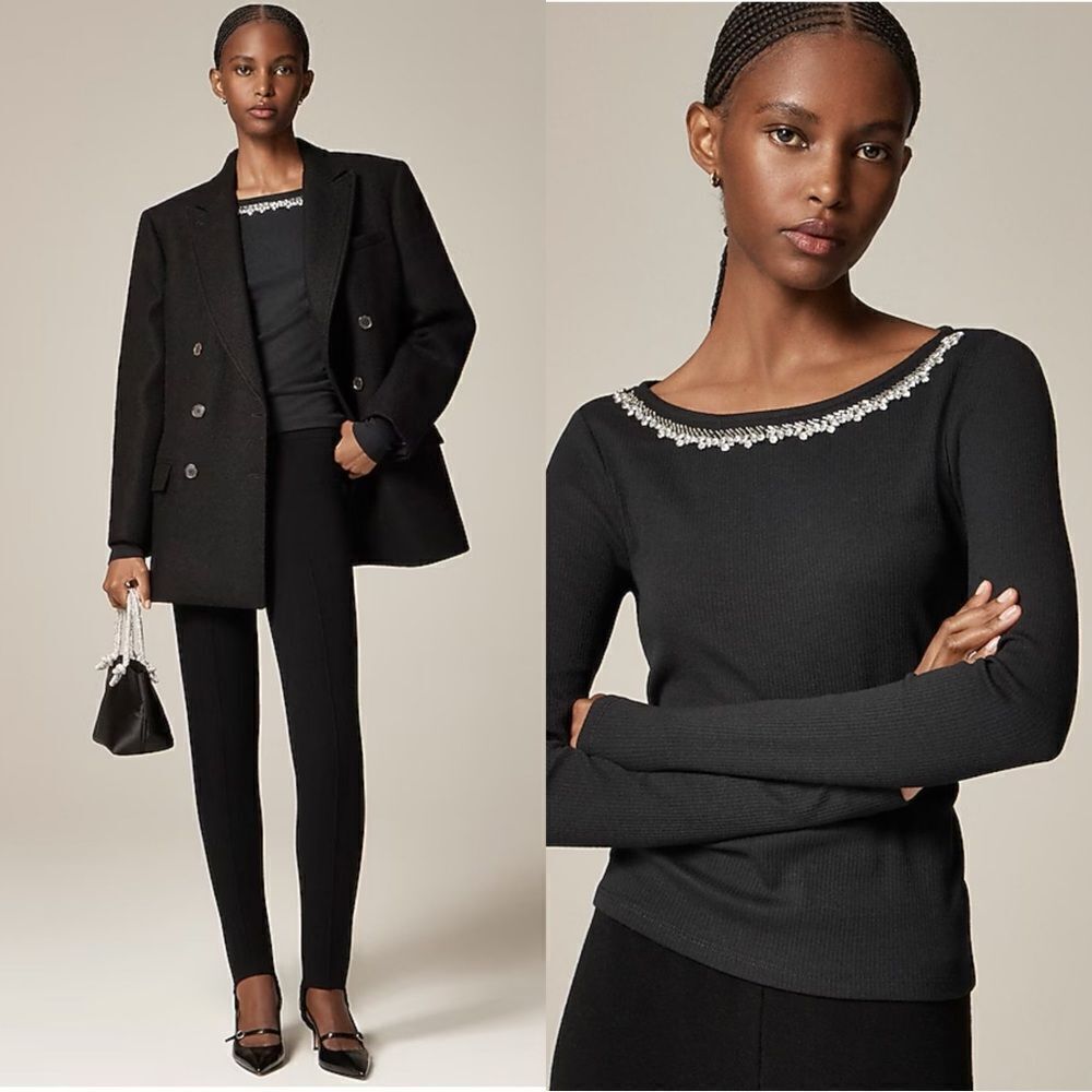NWT J CREW Vintage rib boatneck T-shirt with embellishments in black